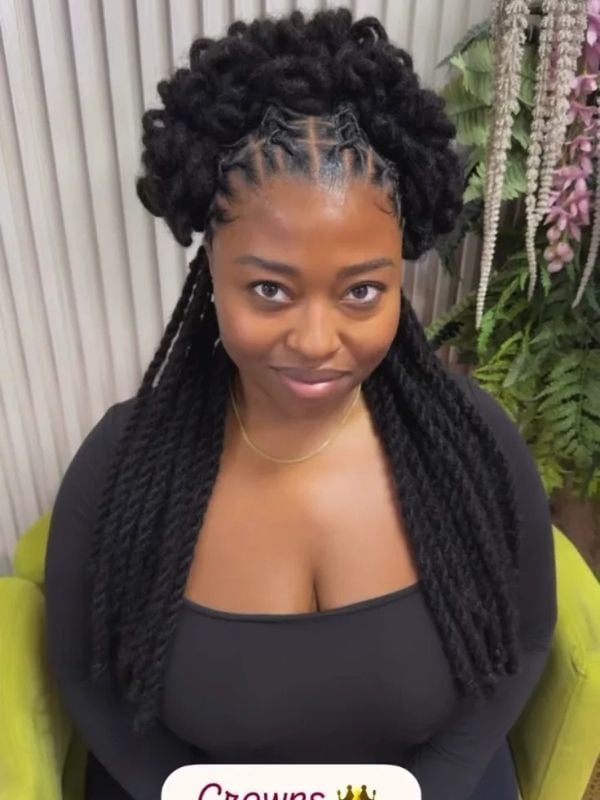 Collarbone Locs Black With Brown Highlights Double Buns — Classy Length Locs