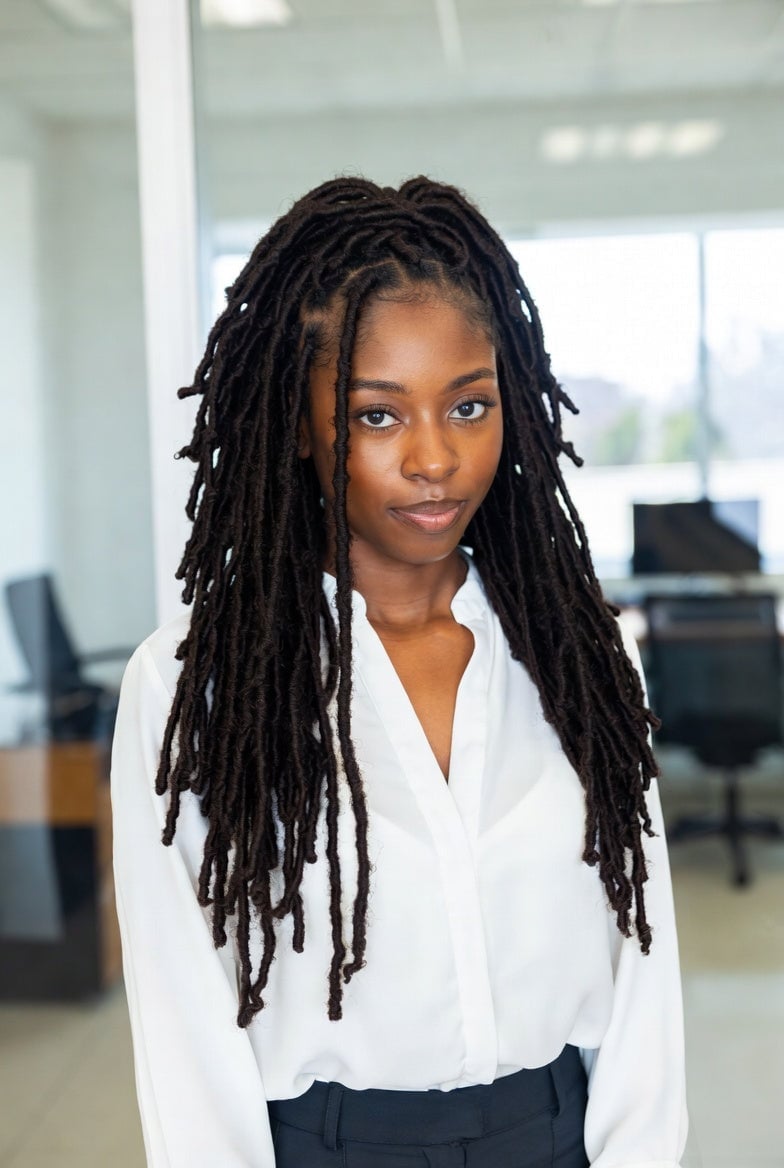 Mid-Back Wavy Locs Dark Brown Blonde Highlights — Classy Length Locs