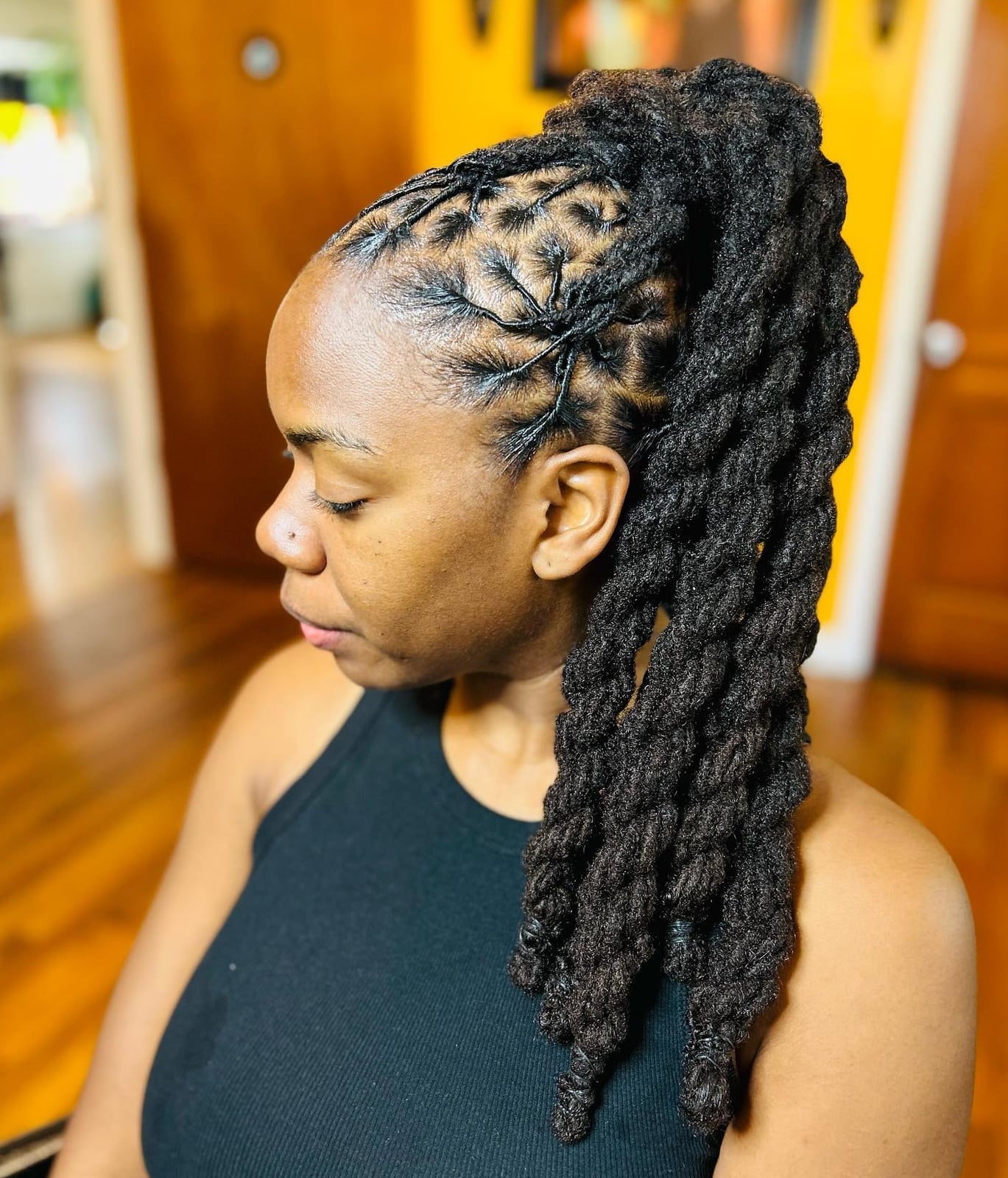 Mid-Back Black Locs High Ponytail Geometric Parting, Thick — Classy Length Locs