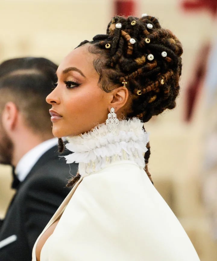 Wavy Locs Updo With Pearls and Braids — Classy Length Locs