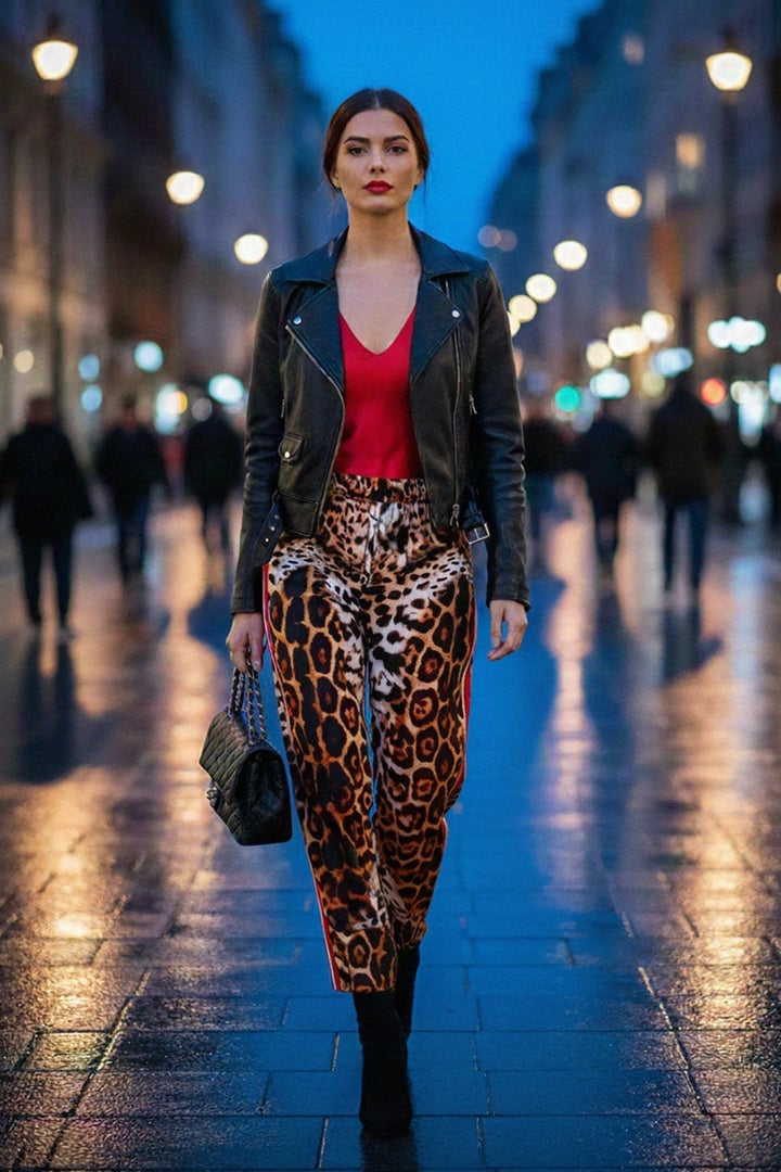 Leopard Trousers With Biker Jacket And Red Top Leopard Trousers With Biker Jacket And Red Top — Classy Leopard Outfits