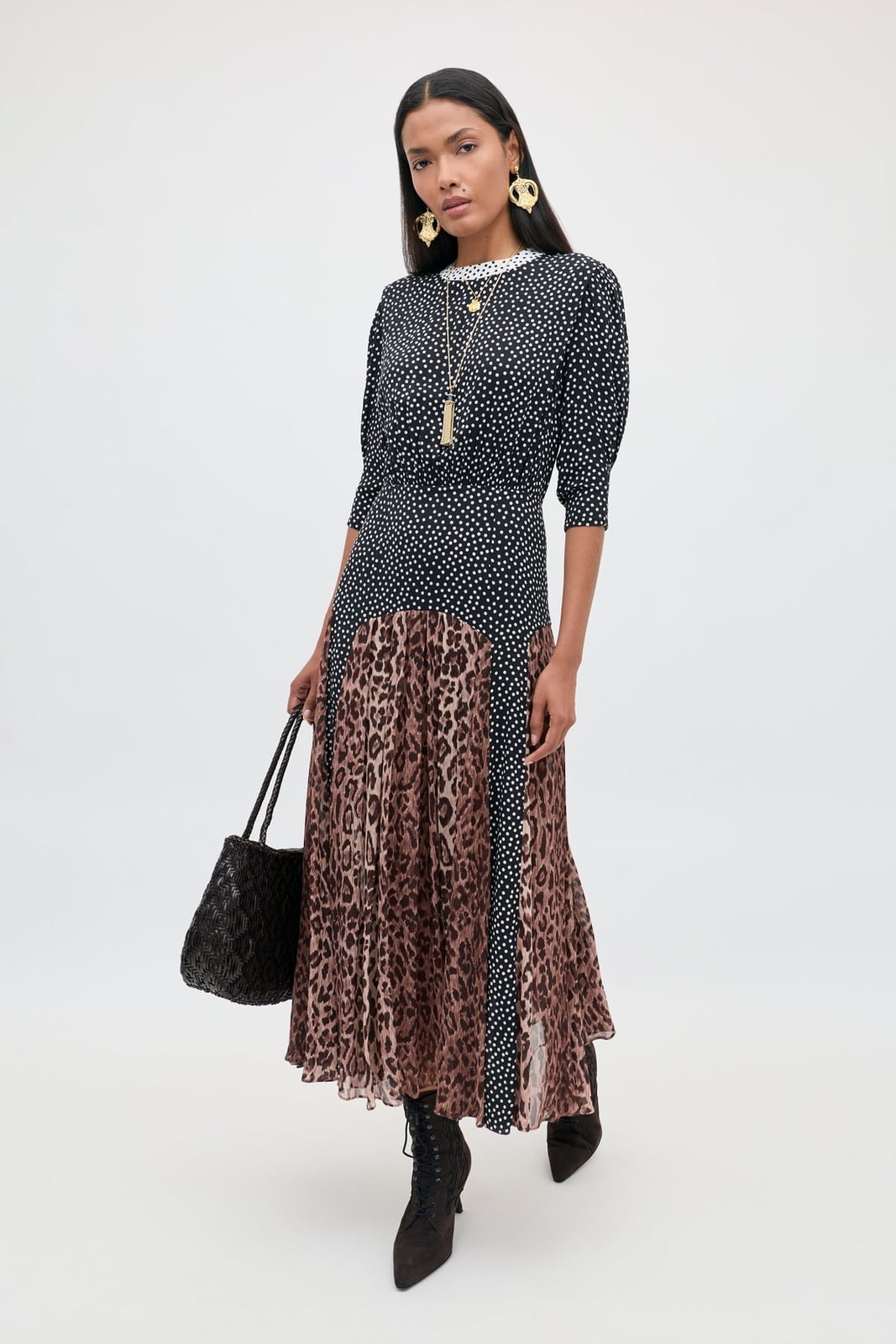 Midi Skirt With Leopard Print Panel And Polka Dot Top Midi Skirt With Leopard Print Panel And Polka Dot Top — Classy Leopard Outfits
