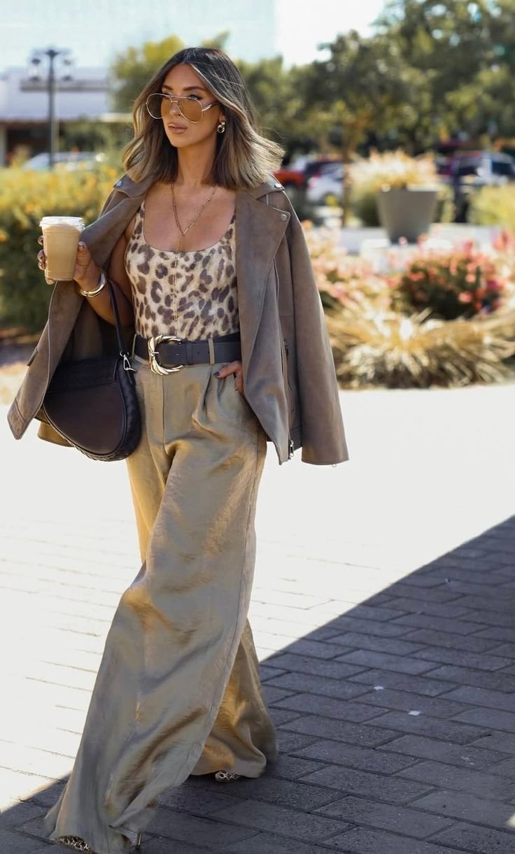 Leopard Camisole With Olive Green Satin Pants And Jacket Leopard Camisole With Olive Green Satin Pants And Jacket — Classy Leopard Outfits
