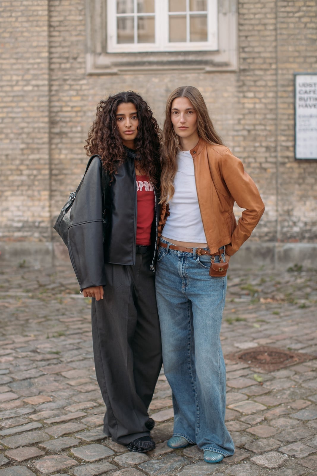 Tan Leather Jacket and White Tee with Light Blue Wide Leg Jeans Tan Leather Jacket and White Tee with Light Blue Wide Leg Jeans — Classy Light Blue Jeans Outfits