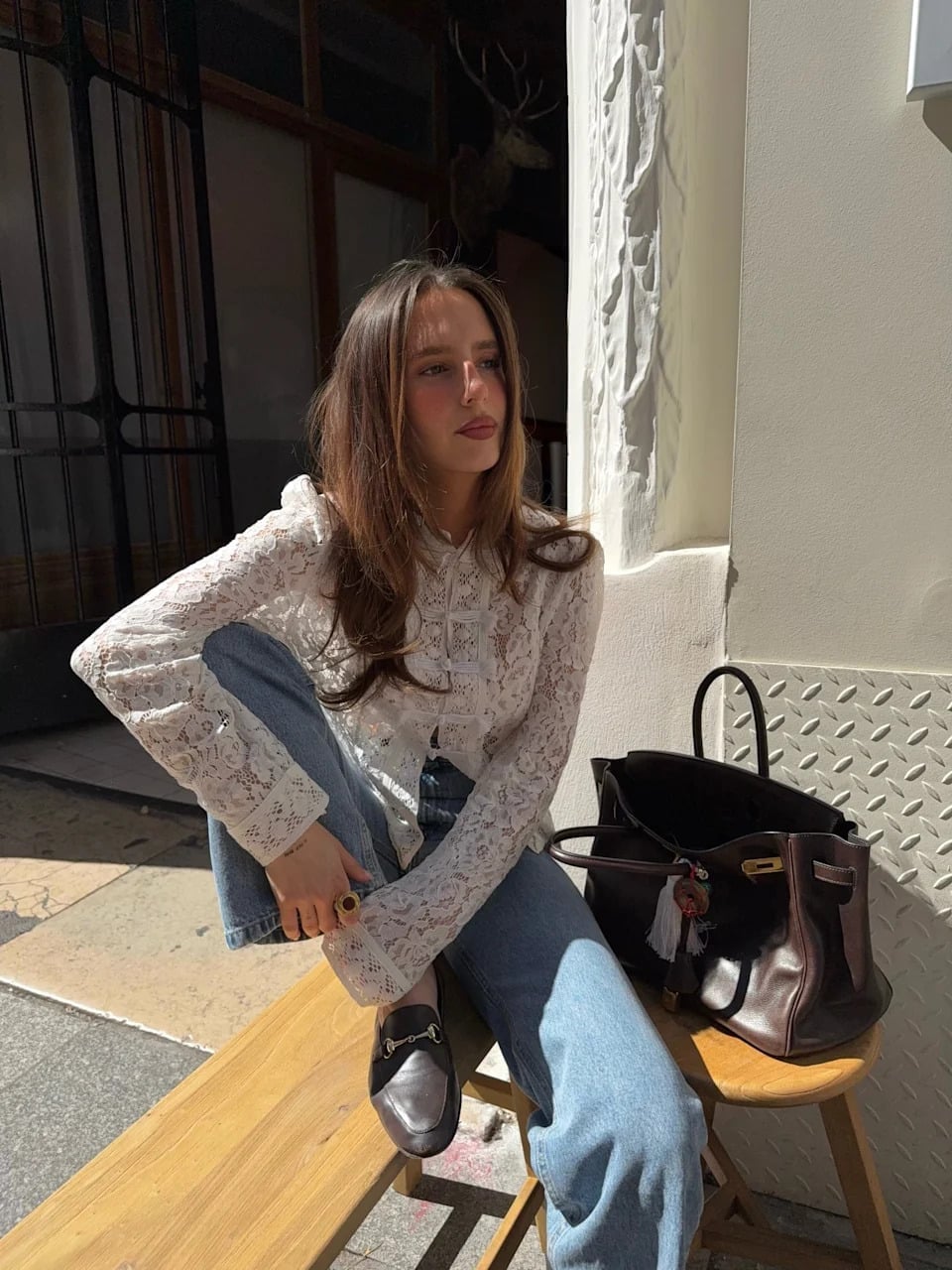 White Lace Blouse with Light Blue Straight Leg Jeans and Brown Loafers White Lace Blouse with Light Blue Straight Leg Jeans and Brown Loafers — Classy Light Blue Jeans Outfits