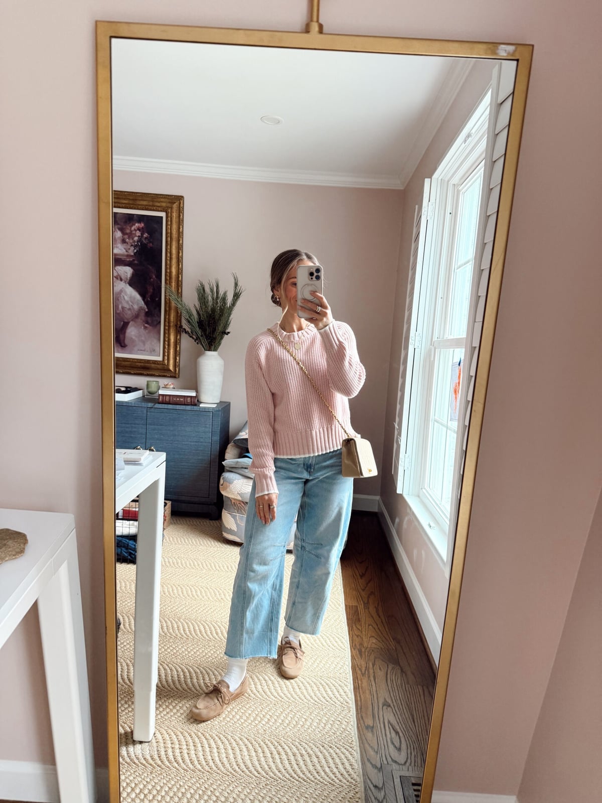 Pink Knit Cardigan Over Light Blue Straight Leg Jeans Pink Knit Cardigan Over Light Blue Straight Leg Jeans — Classy Light Blue Jeans Outfits