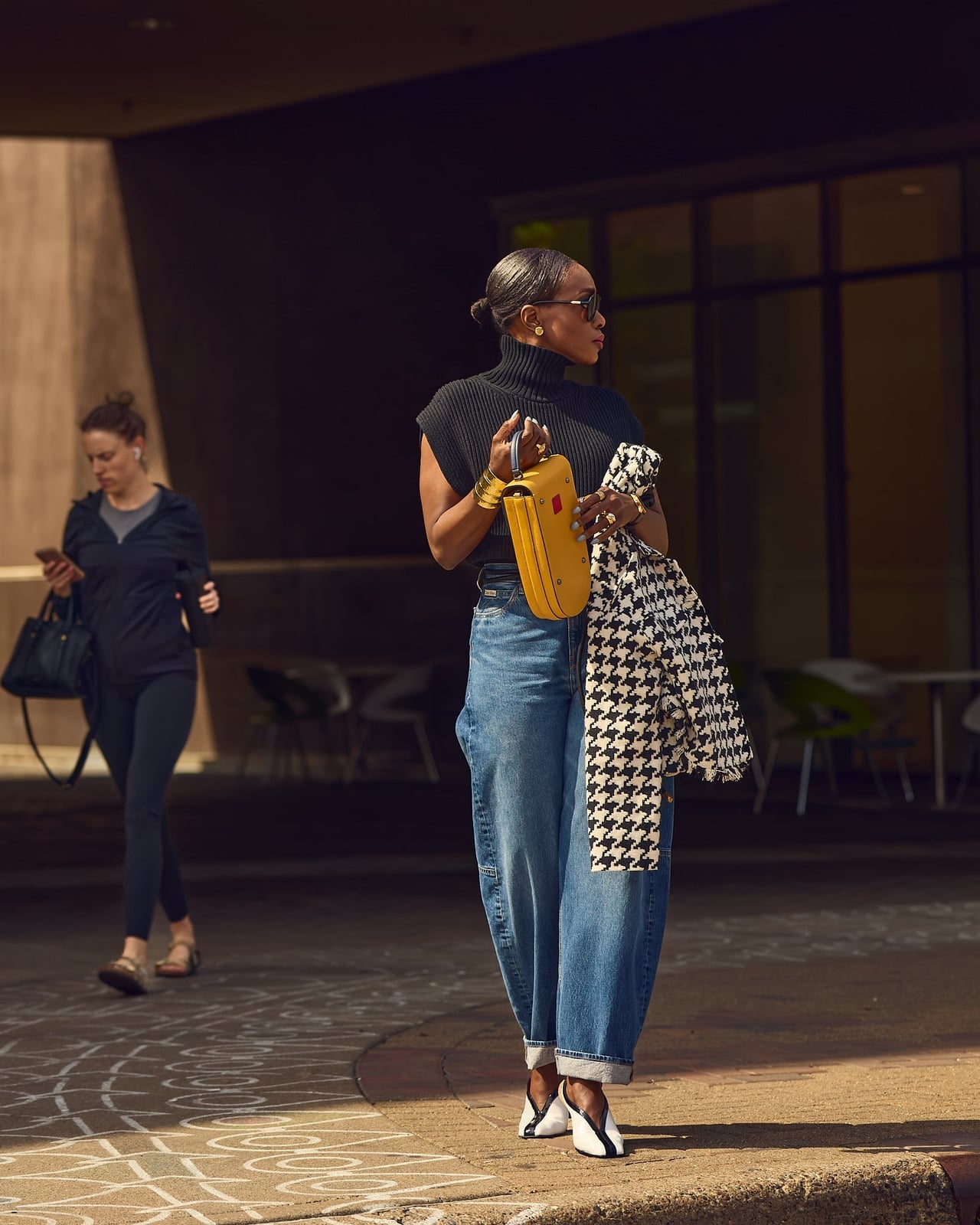 Wide Leg Light Blue Jeans with Houndstooth Coat and Yellow Bag Wide Leg Light Blue Jeans with Houndstooth Coat and Yellow Bag — Classy Light Blue Jeans Outfits