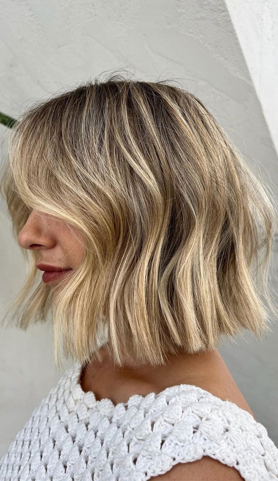 Textured Bob With Blunt Bangs And Dirty Blonde Textured Bob With Blunt Bangs And Dirty Blonde — Classy Light Brown Hair with Blonde