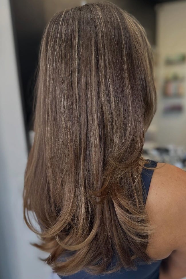 Mid-Back Layers With Taupe Blonde Highlights, Straight Mid-Back Layers With Taupe Blonde Highlights, Straight — Classy Light Brown Hair with Blonde