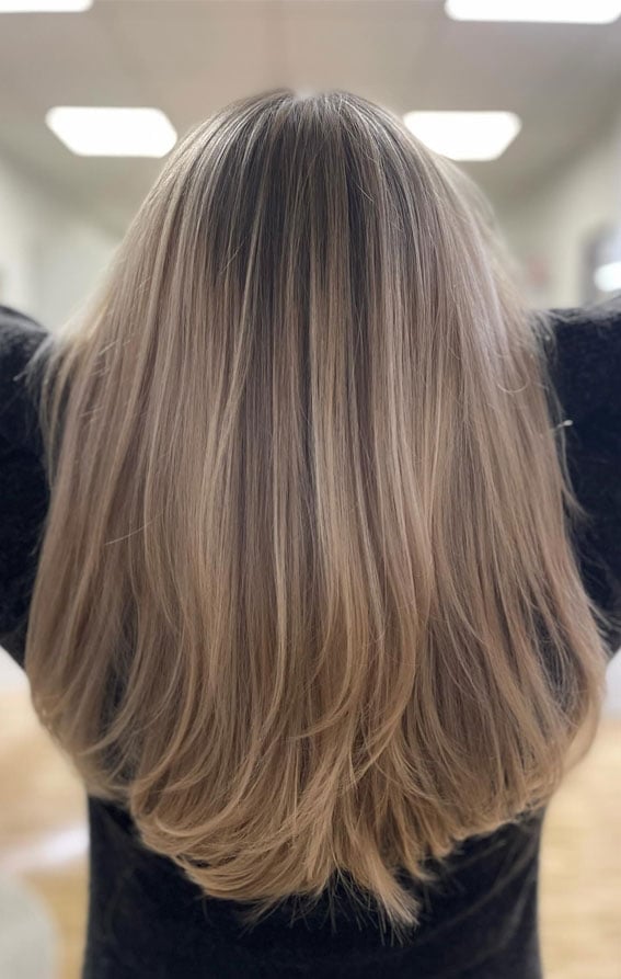 Mid-Back Blowout With Subtle Blonde Highlights, Close-Up Take Mid-Back Blowout With Subtle Blonde Highlights, Close-Up Take — Classy Light Brown Hair with Blonde