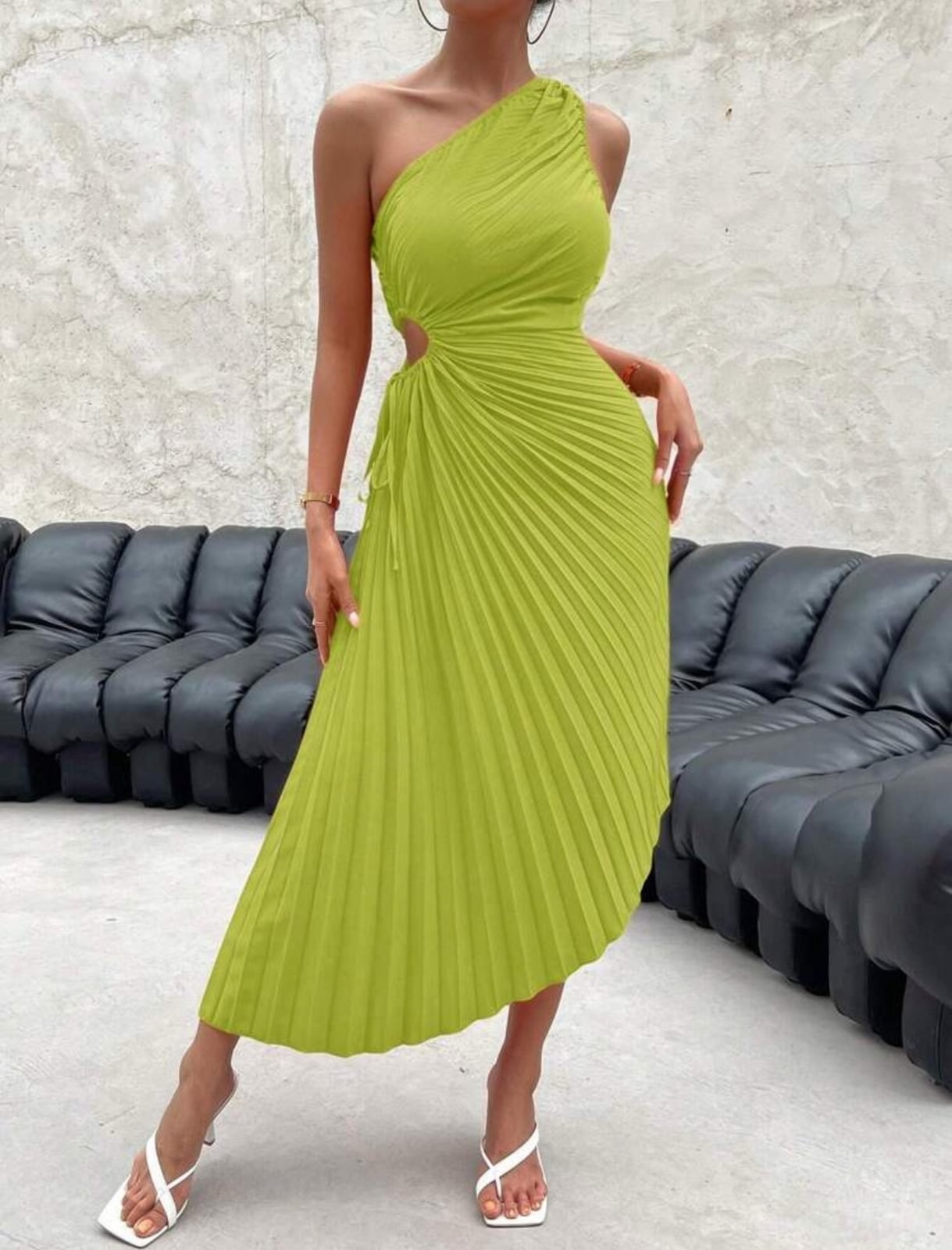 Lime Green One-Shoulder Pleated Midi Dress with Cut-Out Lime Green One-Shoulder Pleated Midi Dress with Cut-Out — Classy Lime Dress