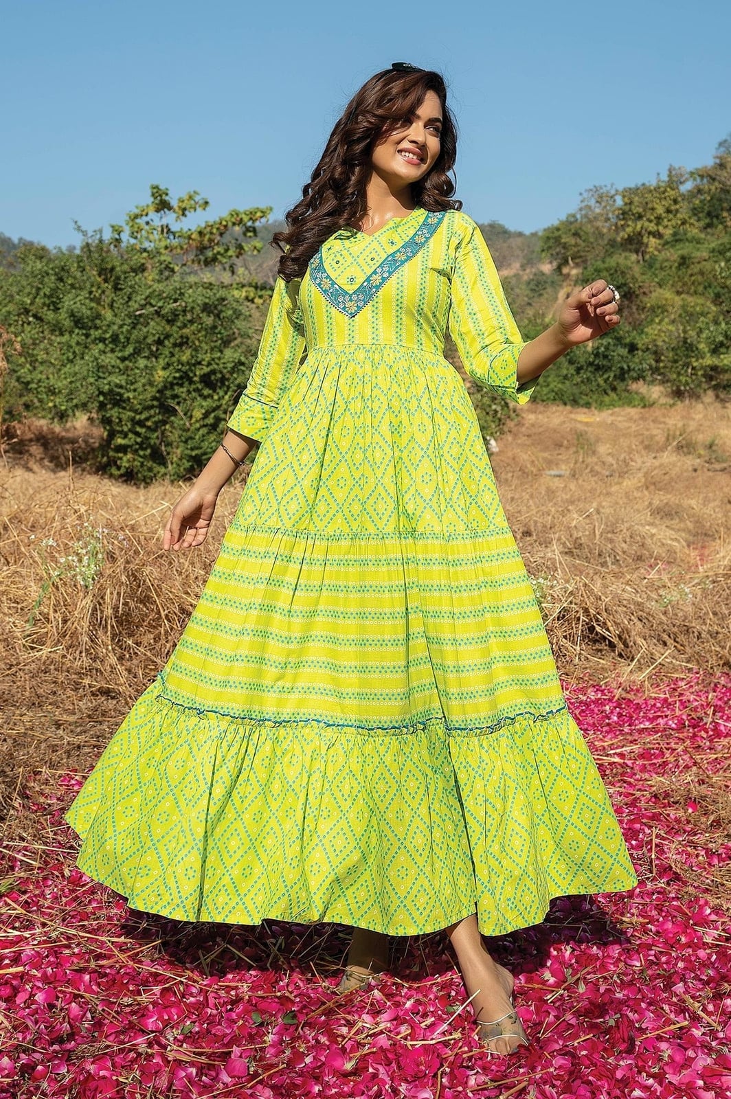 Lime Green Printed Long Sleeve Tiered Dress Lime Green Printed Long Sleeve Tiered Dress — Classy Lime Dress