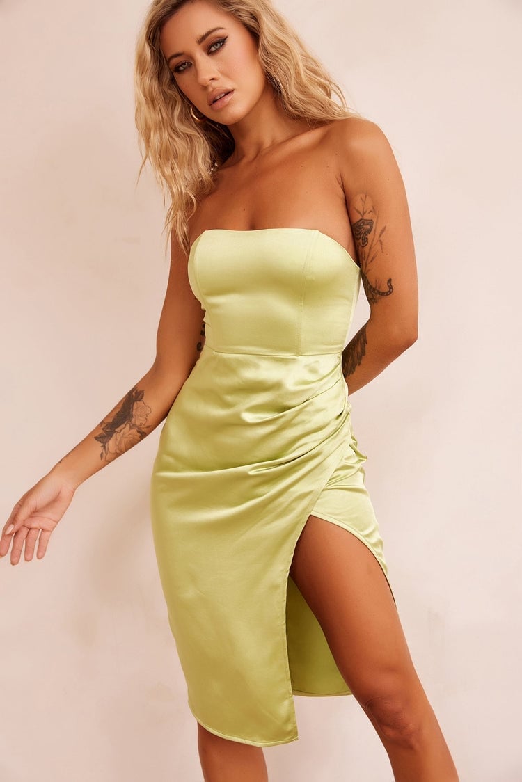 Lime Green Satin Bodycon Midi Dress with Ruched Detail Lime Green Satin Bodycon Midi Dress with Ruched Detail — Classy Lime Dress