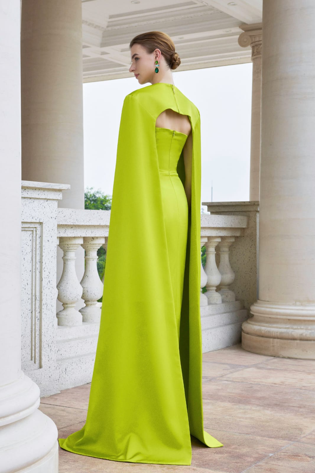 Lime Green Satin Dress with Dramatic Long Cape Lime Green Satin Dress with Dramatic Long Cape — Classy Lime Dress