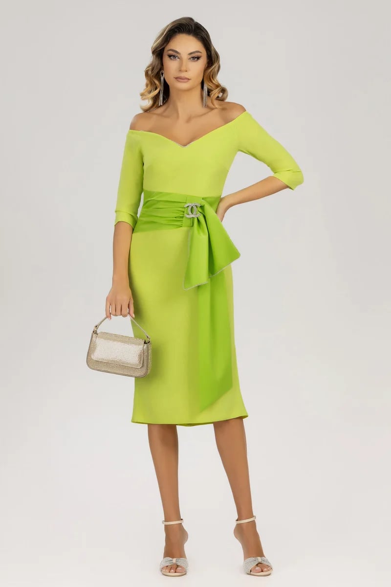 Lime Green Off-Shoulder Midi Dress with Sash Lime Green Off-Shoulder Midi Dress with Sash — Classy Lime Dress