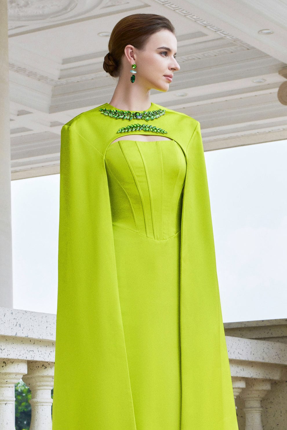 Lime Green Satin Gown with Embellished Cape Lime Green Satin Gown with Embellished Cape — Classy Lime Dress