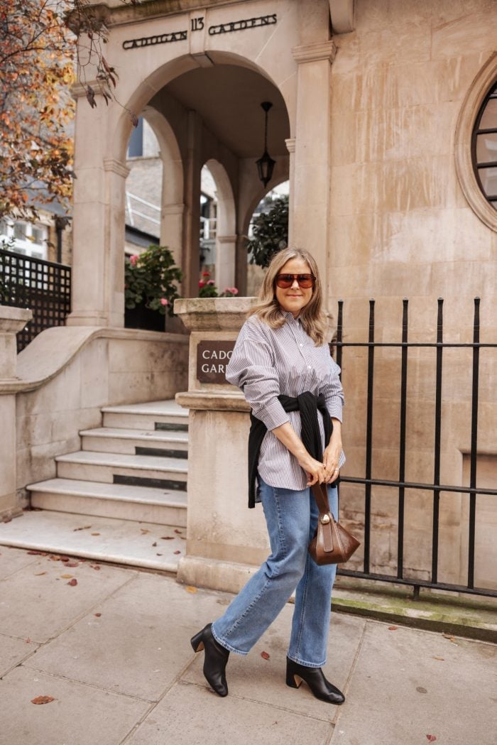 Striped Shirt With Jeans And Sweater Tied At Waist Striped Shirt With Jeans And Sweater Tied At Waist — Classy London Outfits