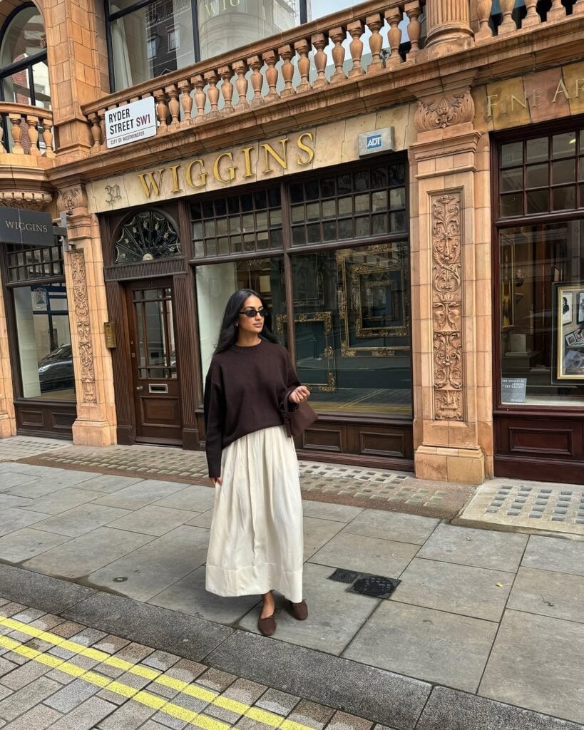 Brown Sweater With Cream A-Line Midi Skirt Brown Sweater With Cream A-Line Midi Skirt — Classy London Outfits