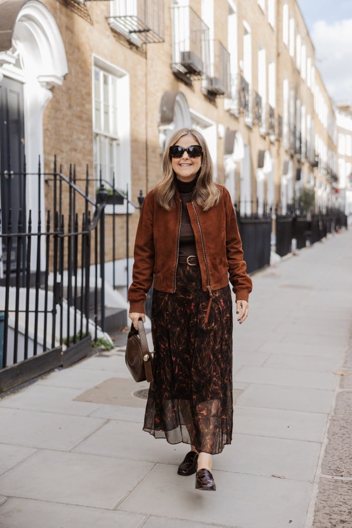 Brown Suede Bomber Jacket With Floral Midi Skirt, Close-Up Take Brown Suede Bomber Jacket With Floral Midi Skirt, Close-Up Take — Classy London Outfits