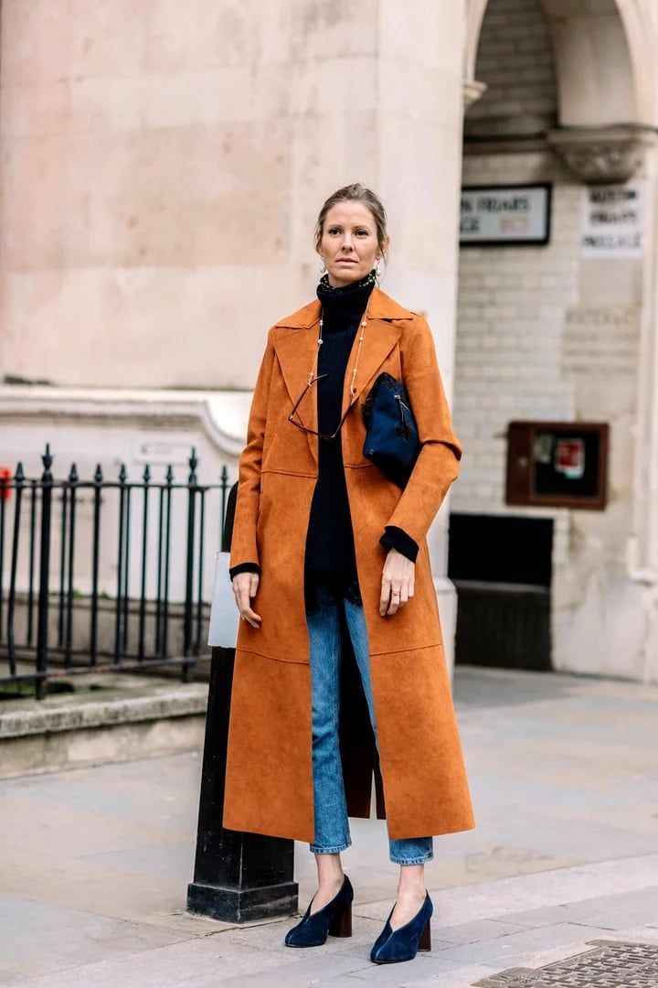 Rust Suede Coat Over Black Turtleneck And Jeans Rust Suede Coat Over Black Turtleneck And Jeans — Classy London Outfits