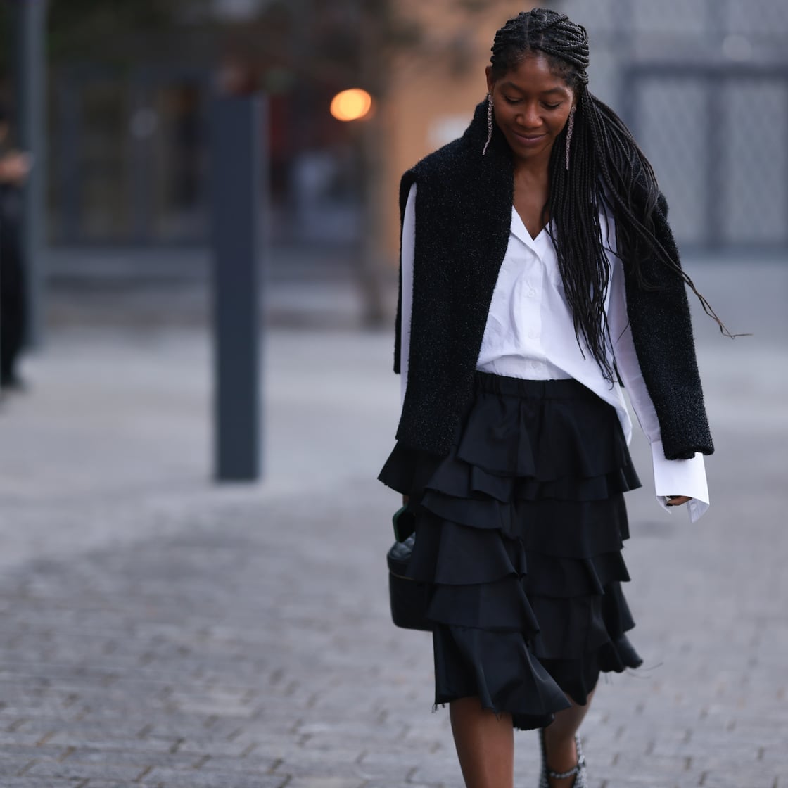 Black Textured Jacket With Ruffled Midi Skirt, Close-Up Take Black Textured Jacket With Ruffled Midi Skirt, Close-Up Take — Classy London Outfits