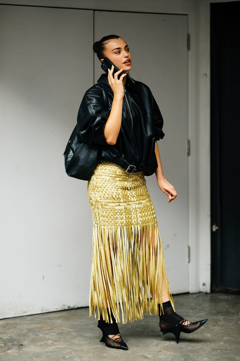 Black Leather Jacket With Metallic Fringe Skirt, Close-Up Take Black Leather Jacket With Metallic Fringe Skirt, Close-Up Take — Classy London Outfits