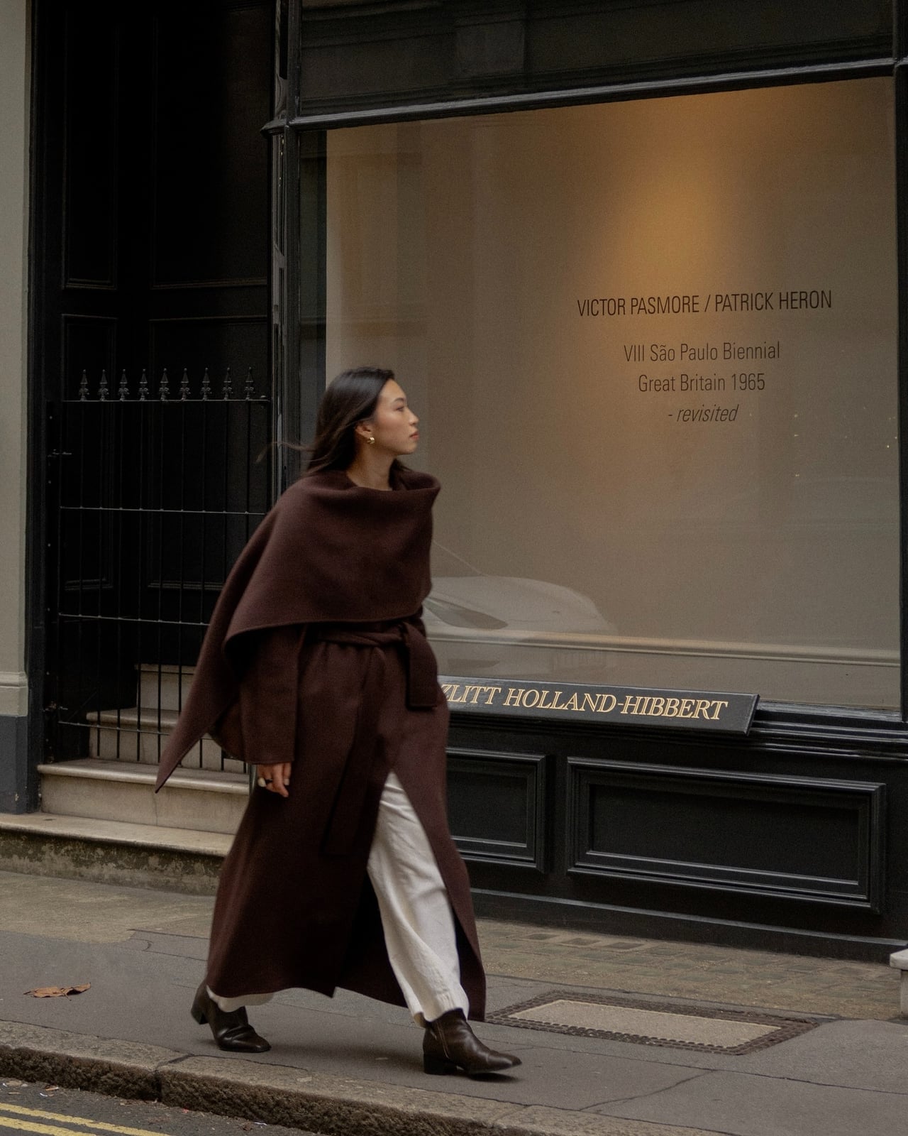 Dark Brown Wool Wrap Coat Over White Trousers Dark Brown Wool Wrap Coat Over White Trousers — Classy London Outfits