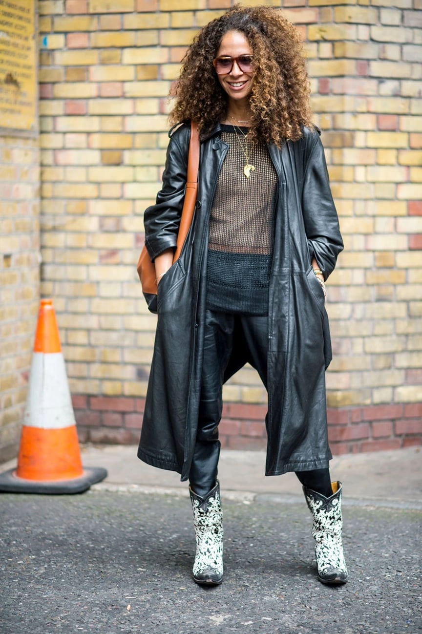 Long Leather Coat Over Mesh Top And Loose Trousers Long Leather Coat Over Mesh Top And Loose Trousers — Classy London Outfits