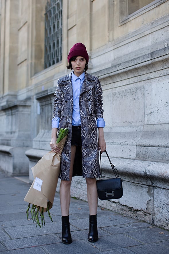 Snake Print Trench Coat Over Blue Shirt And Mini Shorts Snake Print Trench Coat Over Blue Shirt And Mini Shorts — Classy London Outfits