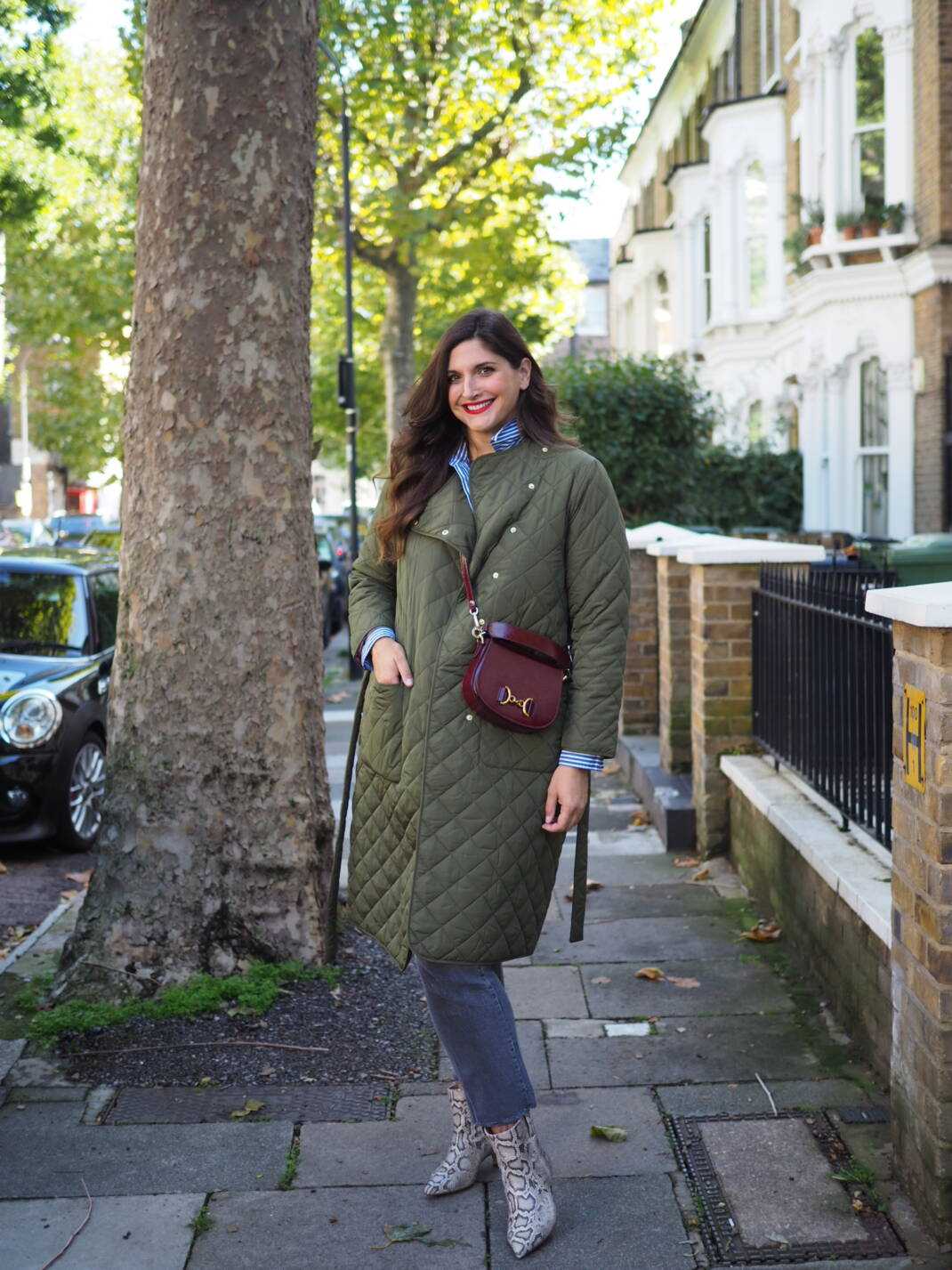 Olive Green Quilted Coat With Striped Shirt Olive Green Quilted Coat With Striped Shirt — Classy London Outfits
