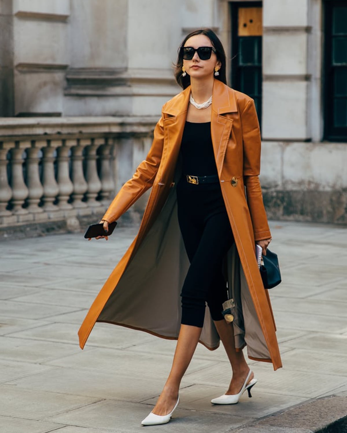 Tan Leather Trench Coat Over Black Outfit Tan Leather Trench Coat Over Black Outfit — Classy London Outfits