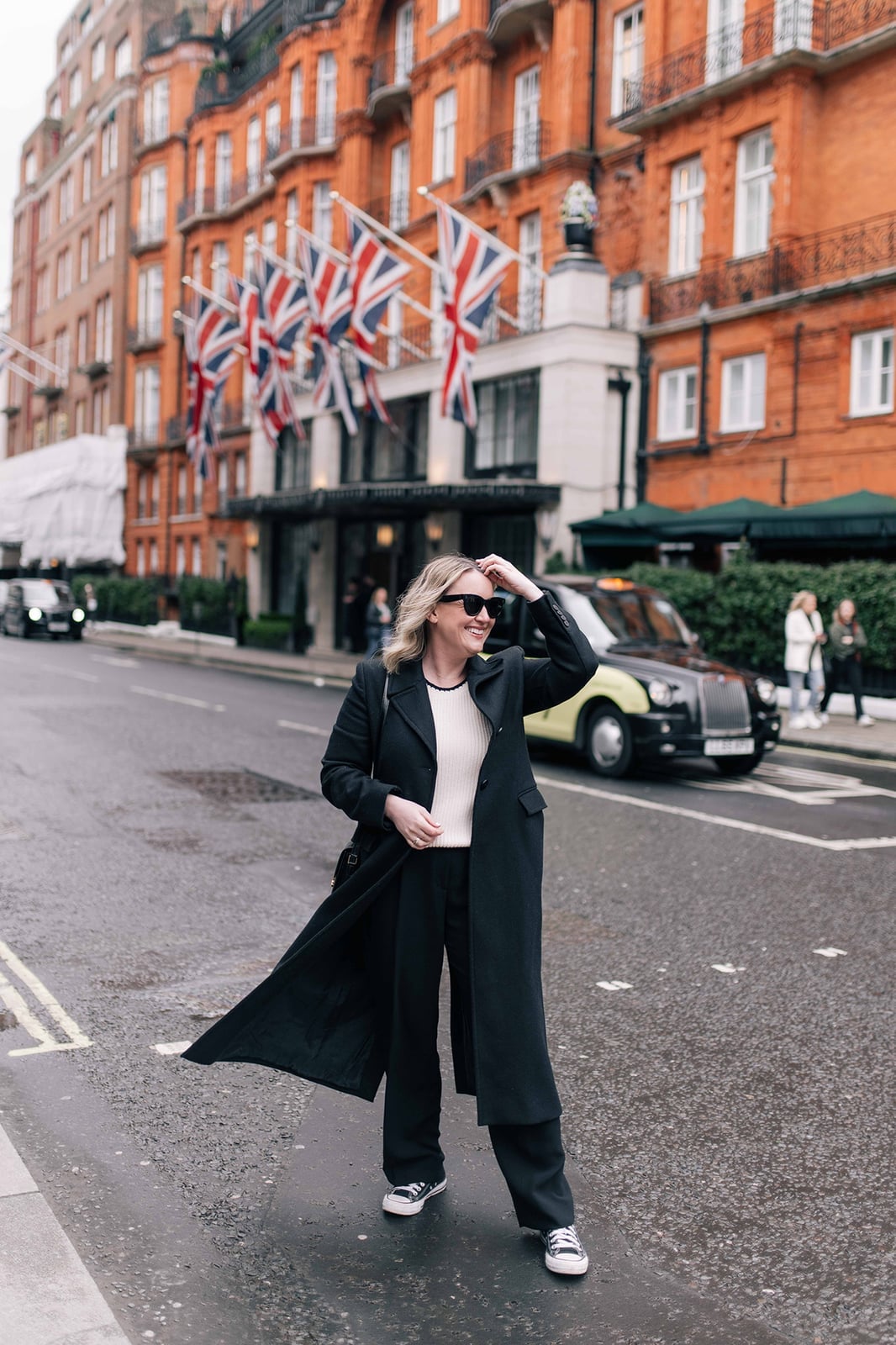 Black Long Coat Over Cream Knit And Trousers Black Long Coat Over Cream Knit And Trousers — Classy London Outfits