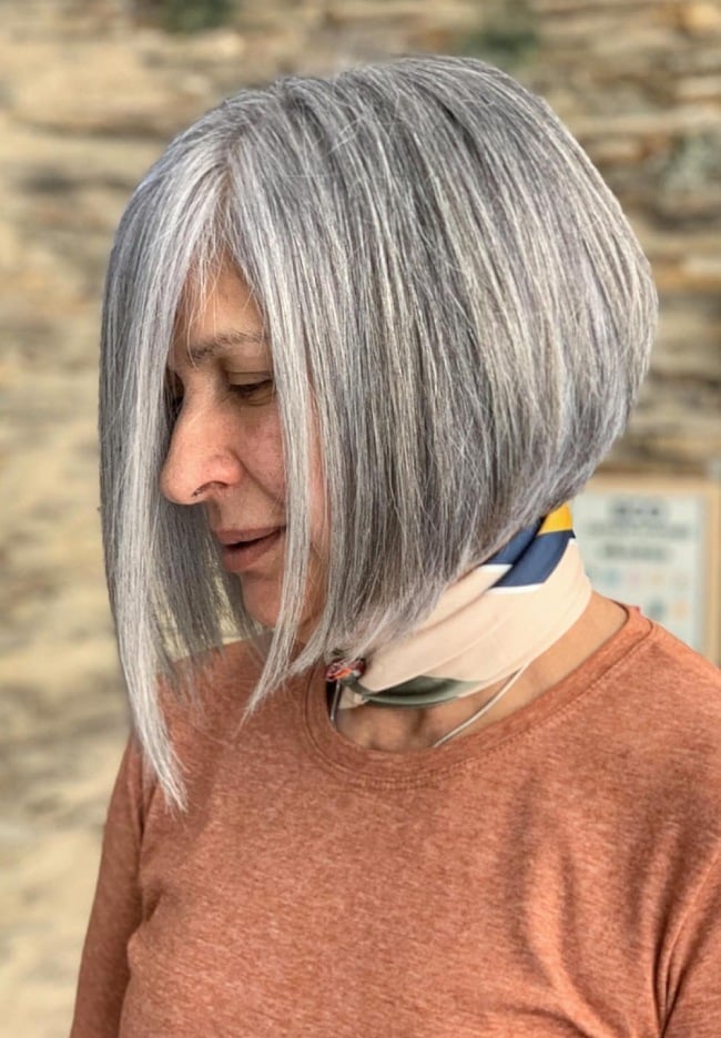 Angled Gray Bob With Side Swept Fringe Angled Gray Bob With Side Swept Fringe — Classy Long Bob