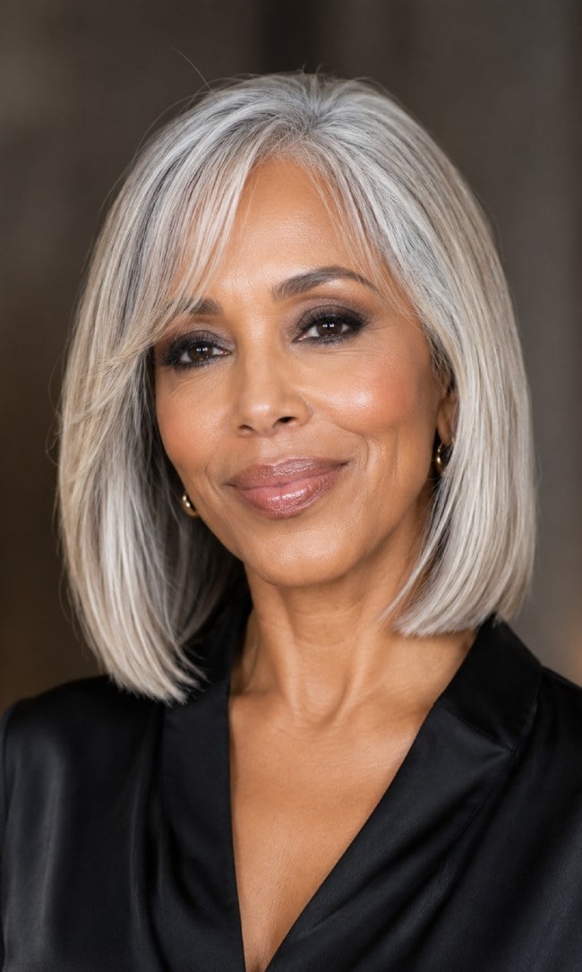 Sleek Silver Gray Bob With Side Swept Bangs Sleek Silver Gray Bob With Side Swept Bangs — Classy Long Bob