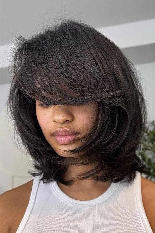Dark Brown Bob With Face-Framing Layers And Side Bangs Dark Brown Bob With Face-Framing Layers And Side Bangs — Classy Long Bob