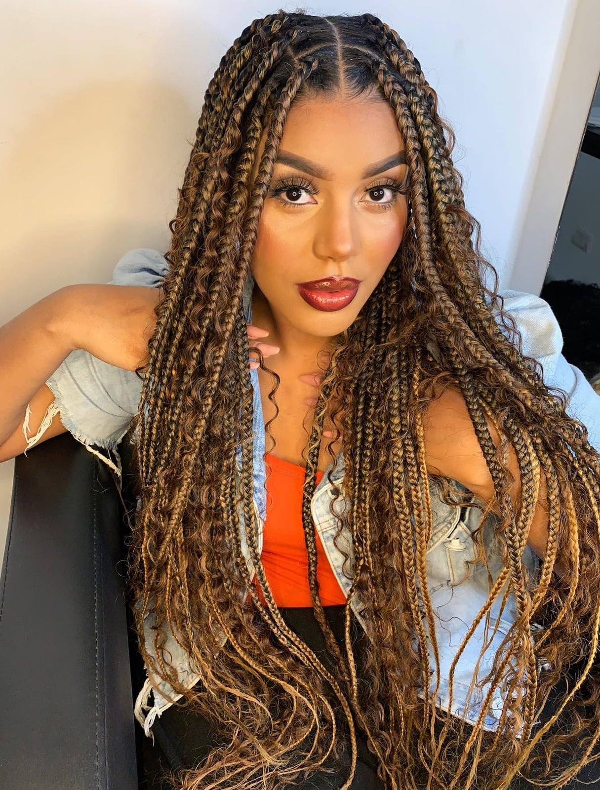 Dark Brown Braids with Blonde Highlights and Curly Ends — Classy Long Braids