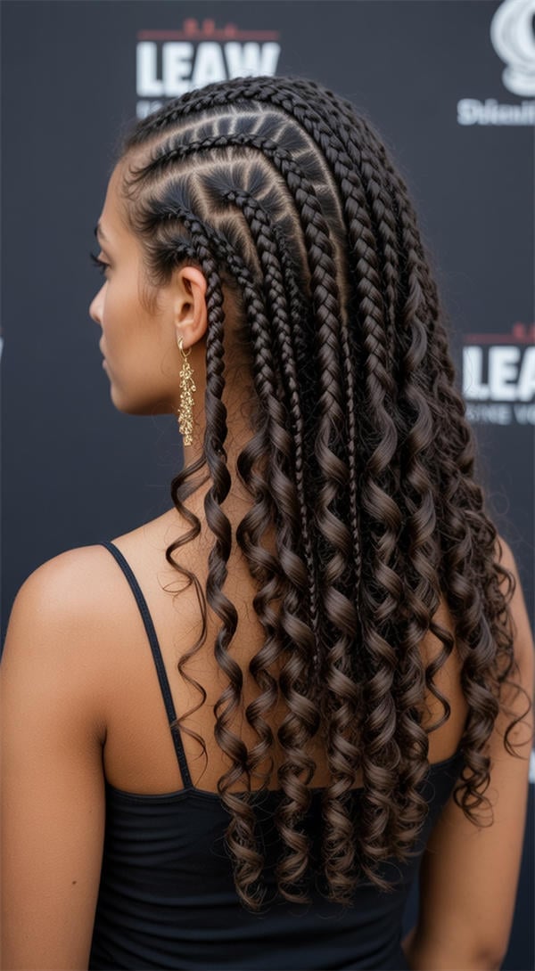 Geometric Cornrows with Loose Braids and Curls — Classy Long Braids