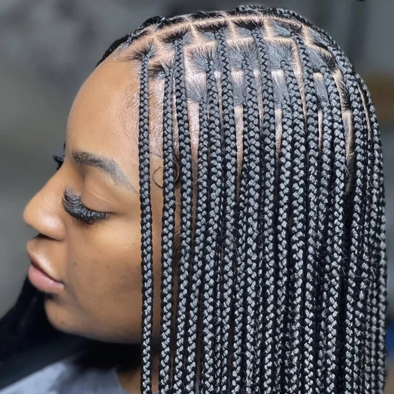 Silver Gray Box Braids Low Ponytail — Classy Long Braids