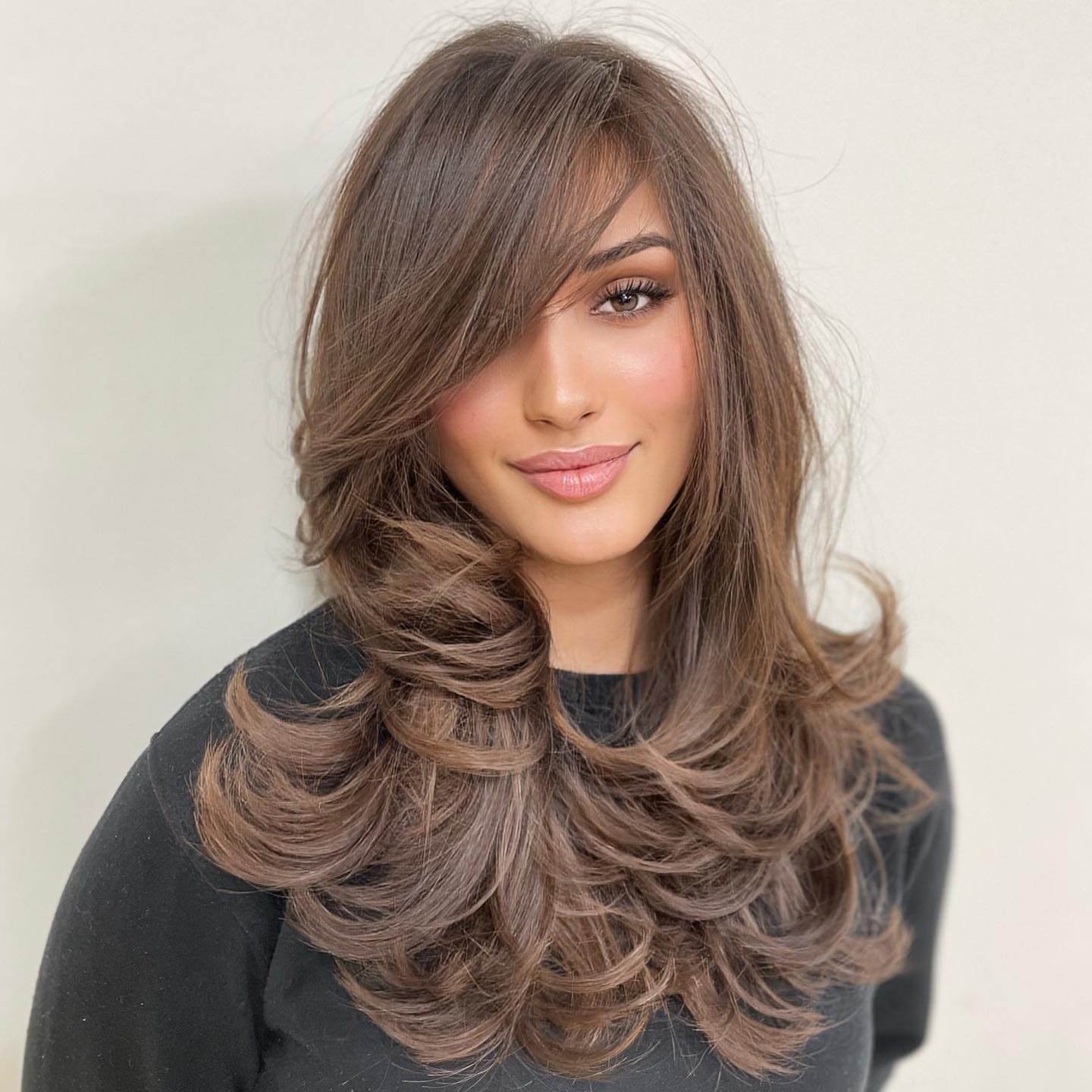 Medium Brown Balayage With Curtain Bangs Medium Brown Balayage With Curtain Bangs — Classy Long Haircuts