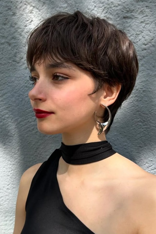 Dark Brown Pixie With Wispy Bangs, Ear — Classy Long Pixie