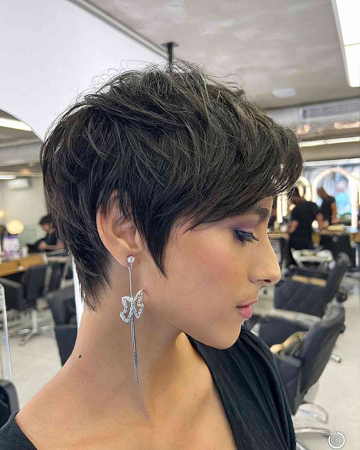 Wavy Dark Brown Pixie With Choppy Bangs — Classy Long Pixie
