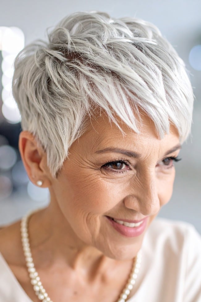 Silver Gray Pixie With Textured Layers — Classy Long Pixie