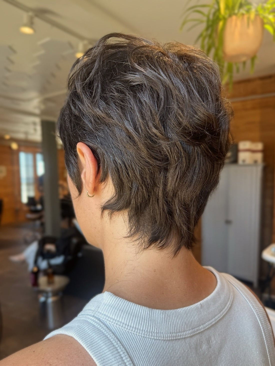 Layered Dark Brown Pixie With Short Bangs, Ear — Classy Long Pixie