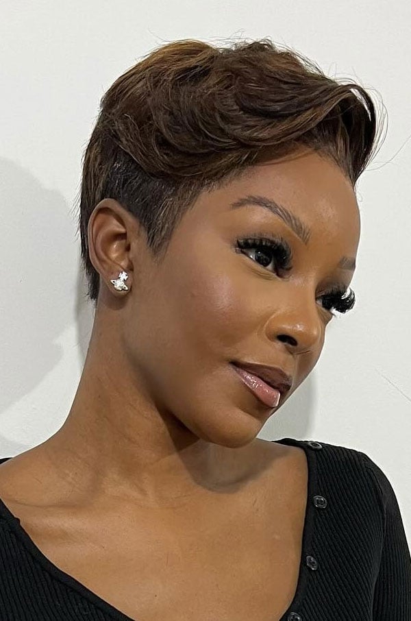 Tapered Dark Brown Pixie With Caramel Highlights — Classy Long Pixie