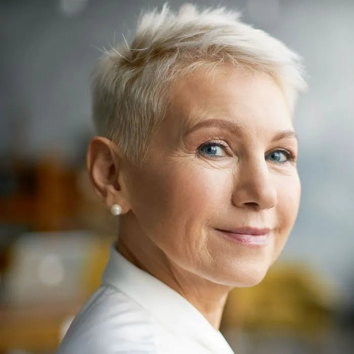 Textured Platinum Pixie Above Ears — Classy Long Pixie