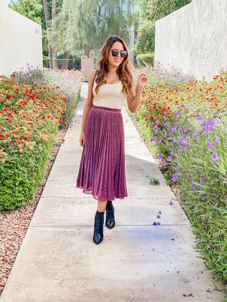 Purple Metallic Pleated Midi Skirt with Cream Tank Top — Classy Long Skirt Outfits