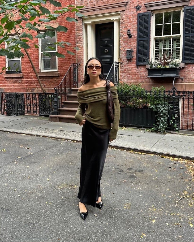 Olive Green Off-The-Shoulder Top with Black Satin Maxi Skirt — Classy Long Skirt Outfits