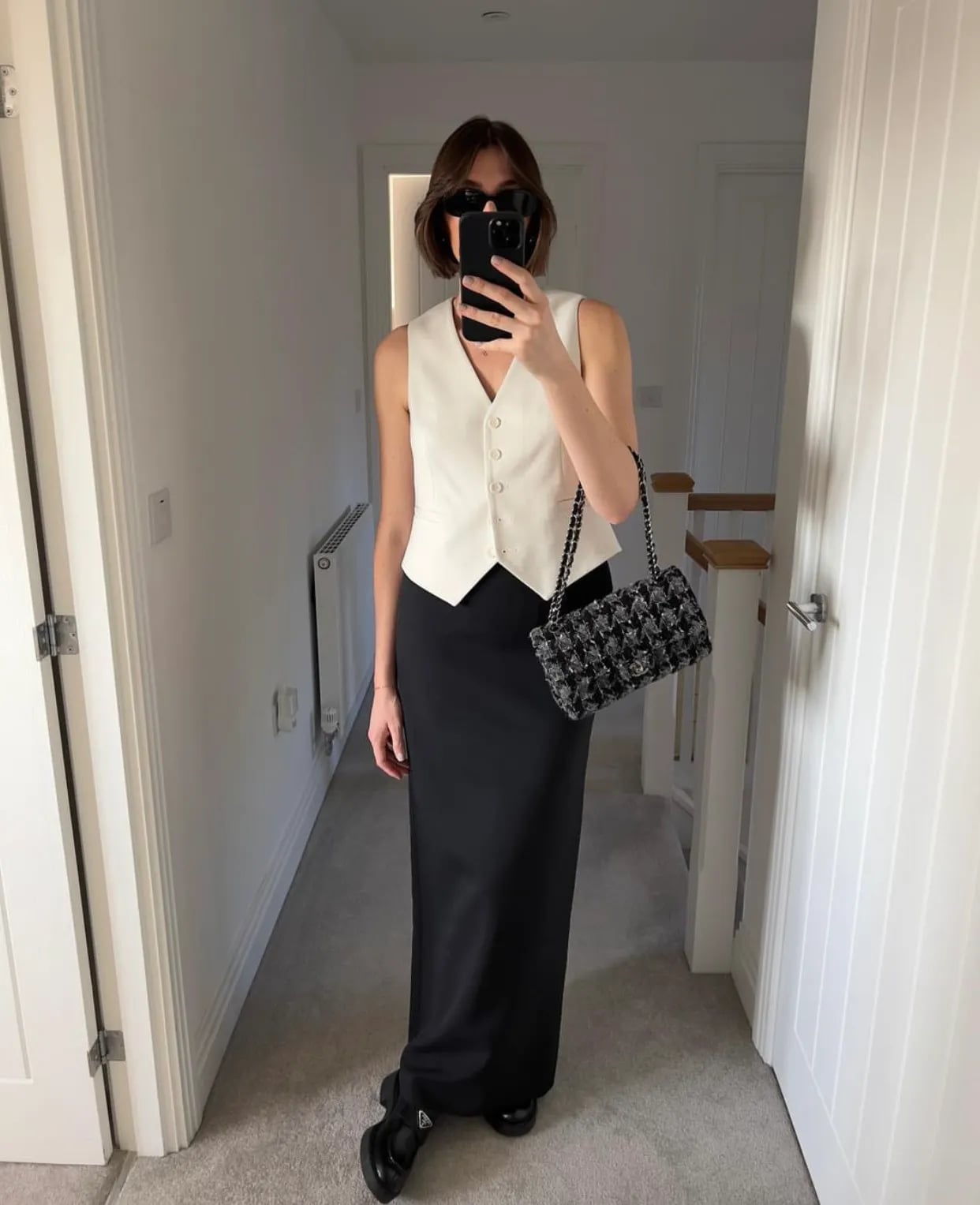 Black Satin Maxi Skirt with White Vest Top — Classy Long Skirt Outfits