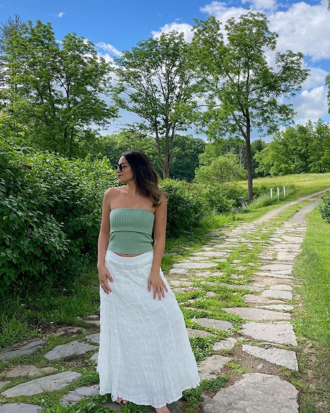 White Textured Maxi Skirt with Mint Green Tube Top — Classy Long Skirt Outfits