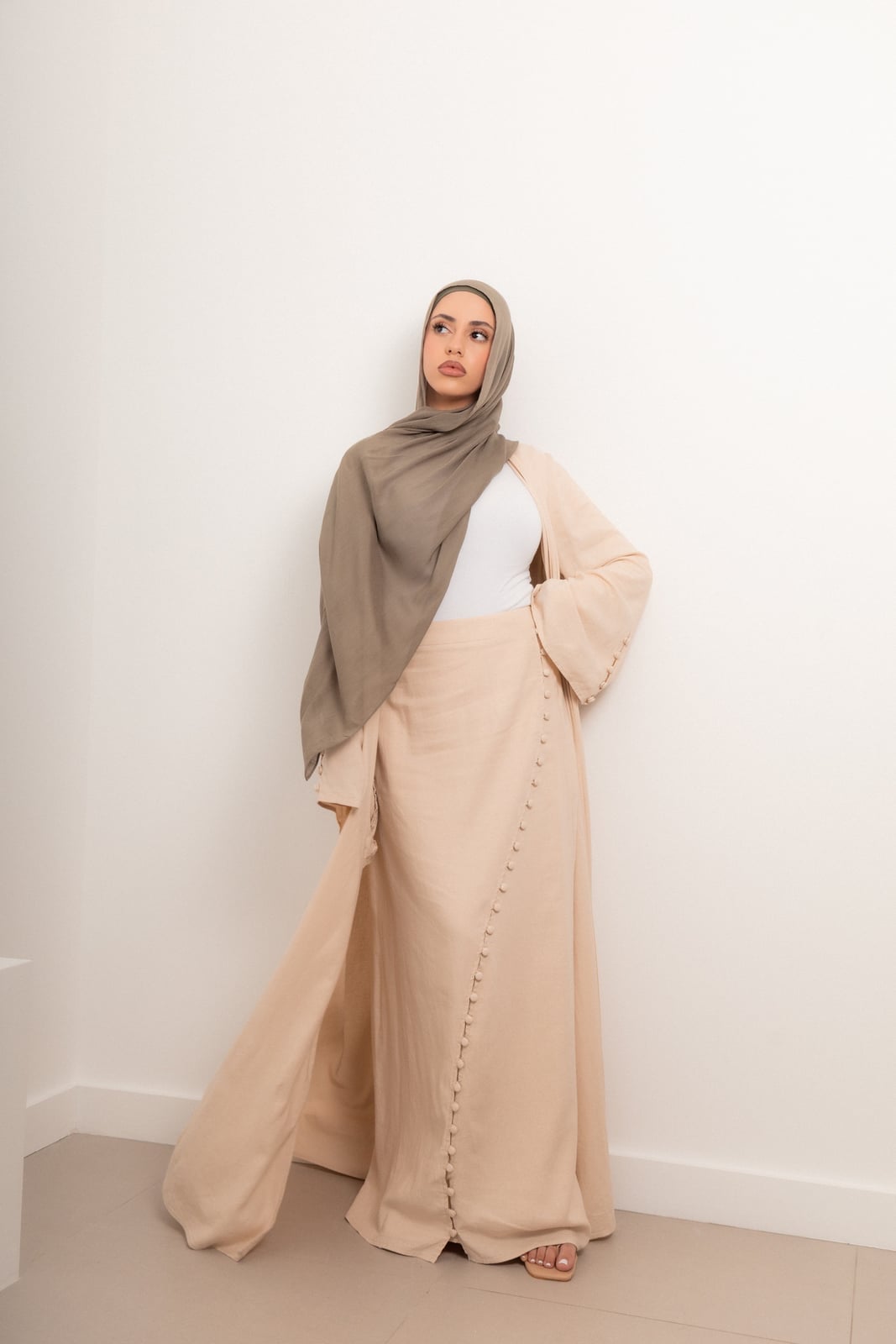 Beige Linen Maxi Skirt with Matching Cardigan Set — Classy Long Skirt Outfits
